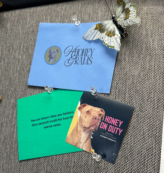 Honey the service dog with a stack of HoneyGrams ready to deliver